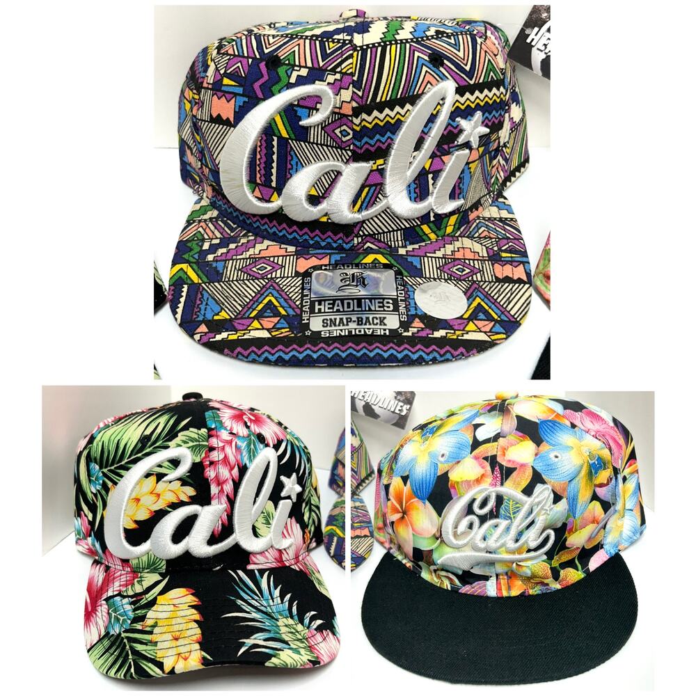 Lot of 3 CALI Hat White Embroidered Floral & Aztec Snapback Cap California